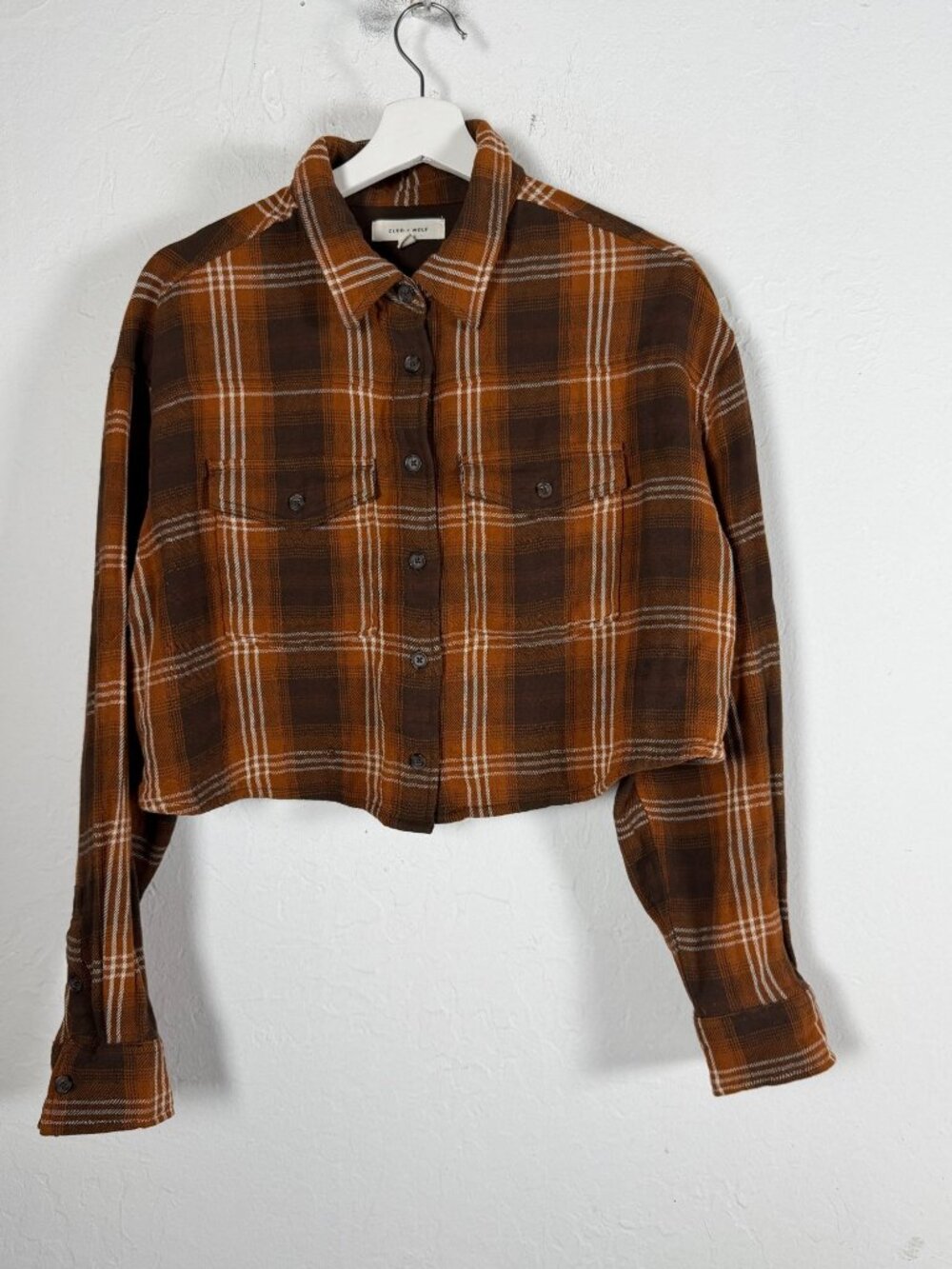 Cleo + Wolf Brown Plaid Cropped Flannel Button Down Shirt Top Long Sleeve Small